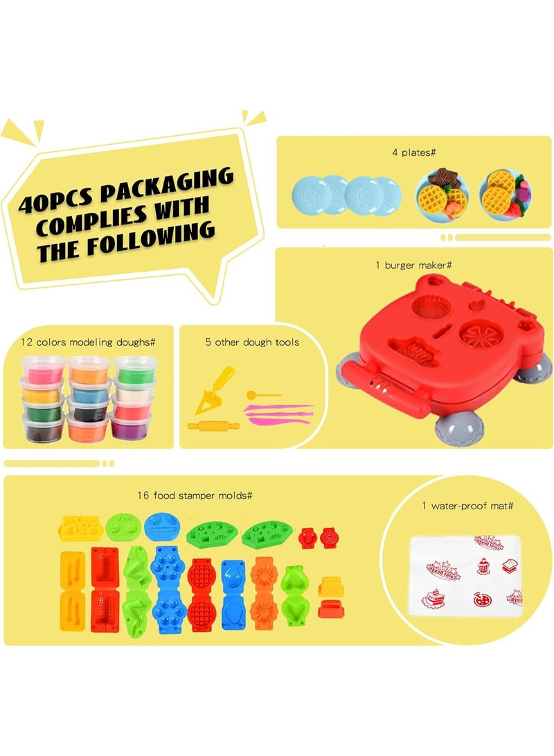40Pcs Color Dough Set Kitchen Creations Waffle Pizza Burger Maker Pretend Chef Toy Play Food Modeling Tools Kit with 12 Colors Wheat Doughs for Kids Girls Boys Christmas Birthday Gift - Image 4